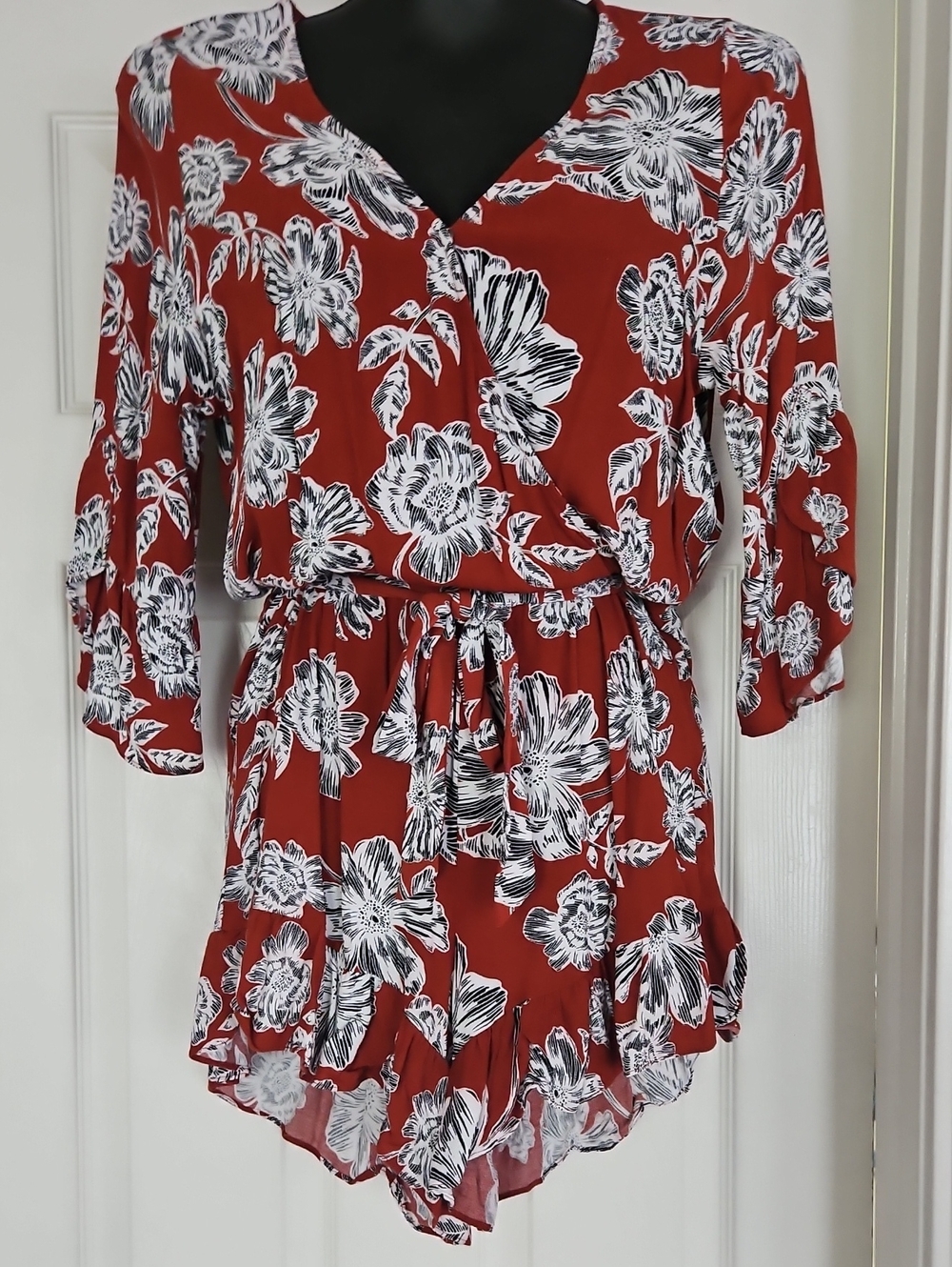 Who What Wear - Rust Floral Wrap-Front Romper